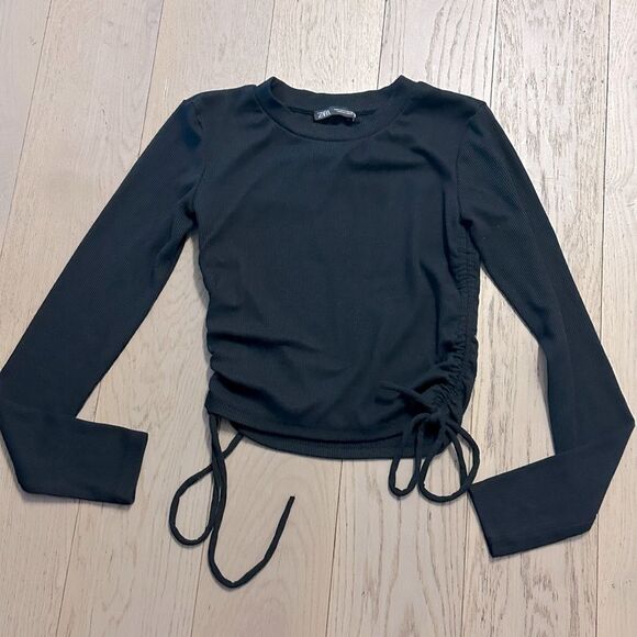 Zara Tops - Zara Ribbed Black Long Sleeve Ruched Top Worn Once